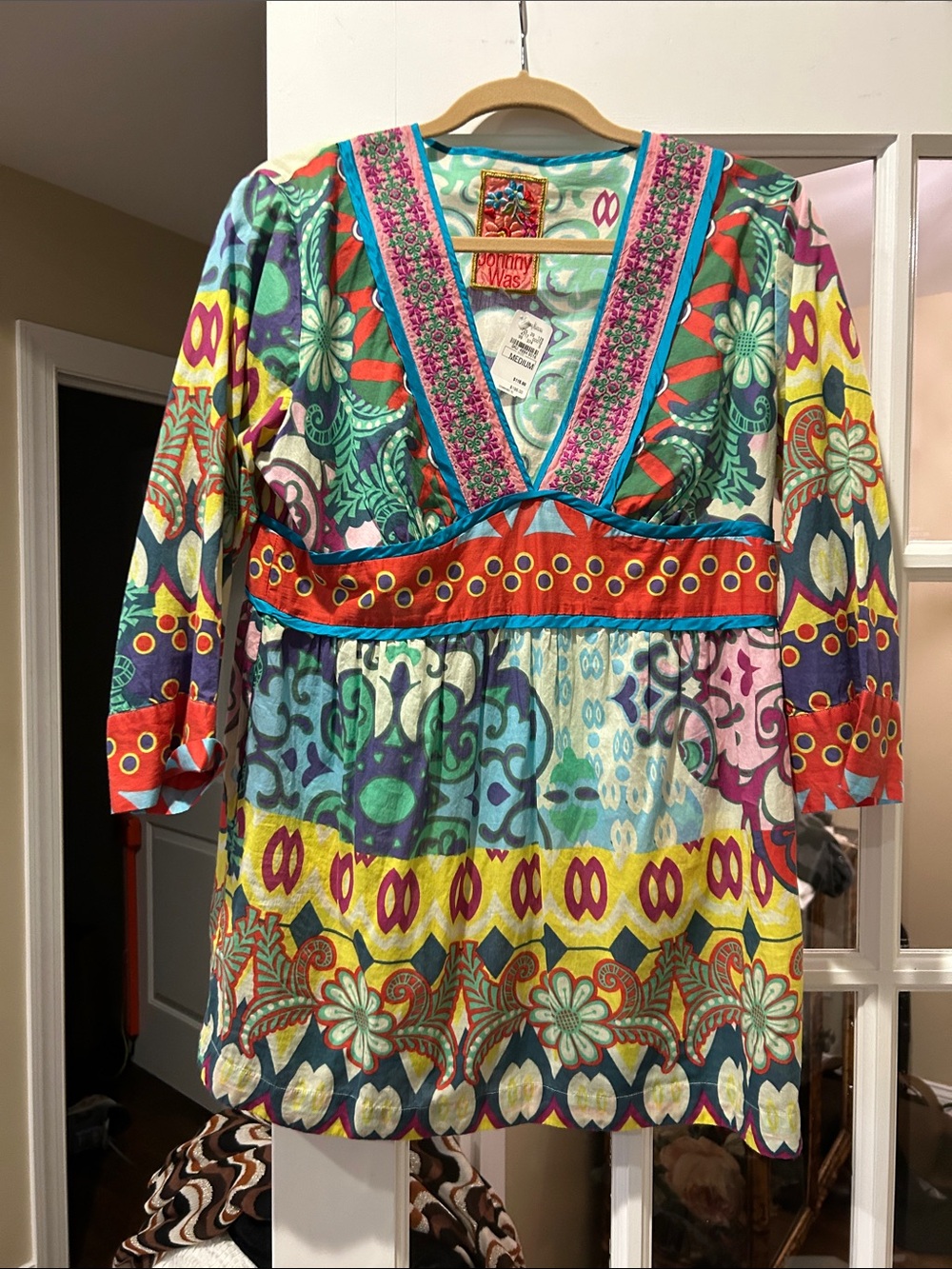 Johnny Was Vibrant Multi-Print V‑Neck Tunic Dress in Teal, Red, Yellow, Purple
